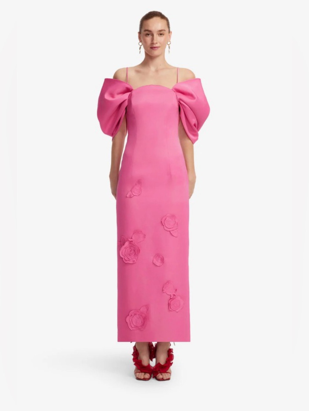 LEO LIN Arabella Pink Rosette Applique Puff Sleeve Bardot Column Gown AU8/US4